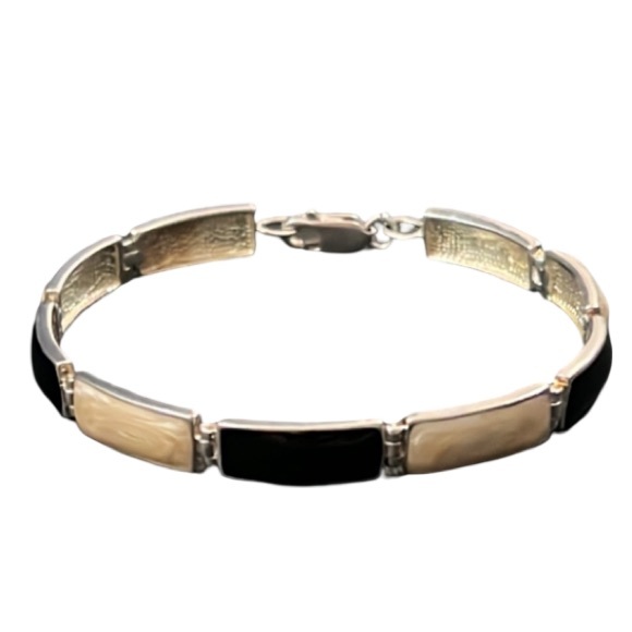 Elegant Black & White Enamel Solid Sterling Silver Rectangle Link Bracelet - Picture 1 of 11